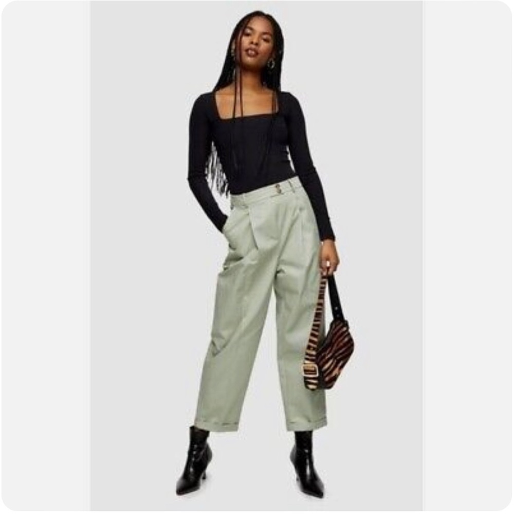 NEW Topshop Charley Chino Cuffed High Rise Pleated Trousers Pants Sage Green